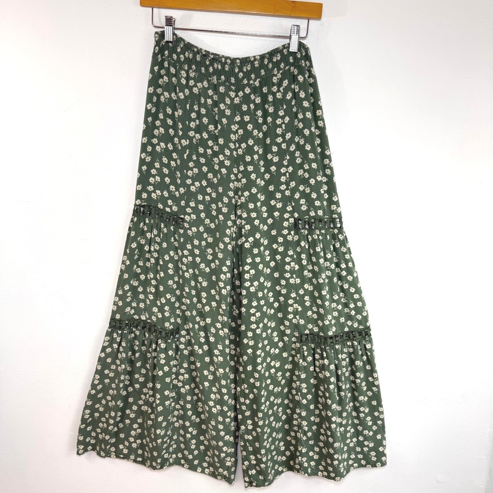 Rachel Paige Floral Wide Leg Pants Green Pull On Crochet Boho Cottagecore L